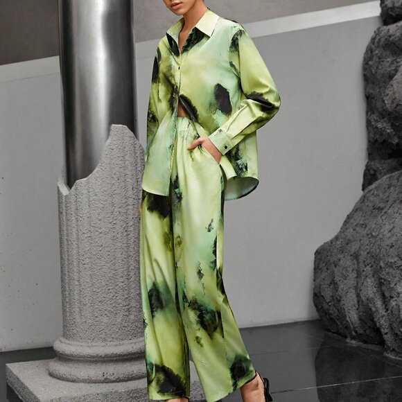 Green Casual Women's Tie-dye Drop Shoulder Shirt And Pants Two-piece Set - Picture 1 of 4